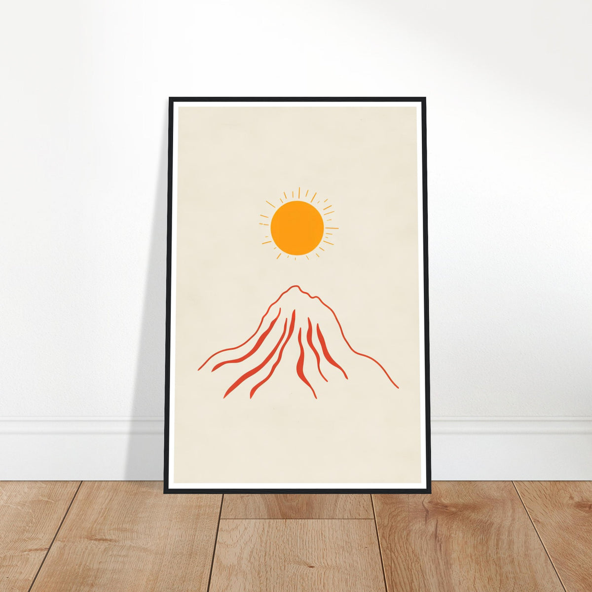 Orange sun over red mountain art print in a black wood frame, 60x90 cm
