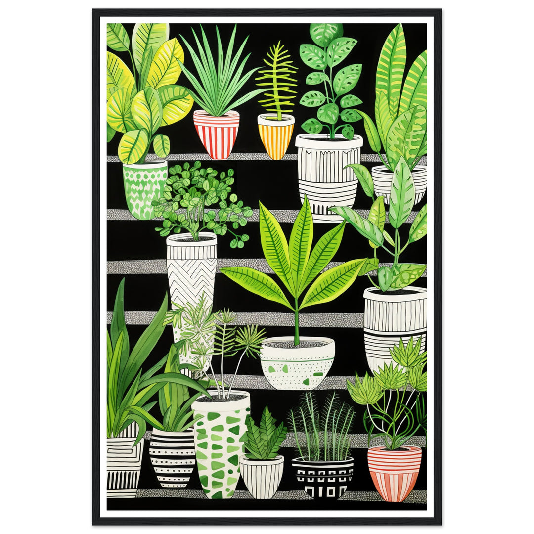 Whimsical Green & Black Potted Plants Wall Art Print