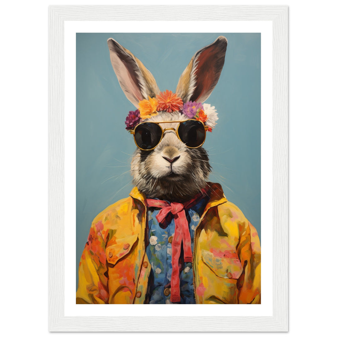 Whimsical Hippy Rabbit Flower Power Wall Art Print