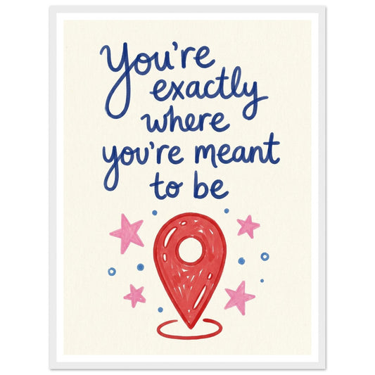 Location pin with hand-lettered quote art print in a white wood frame, 45x60 cm