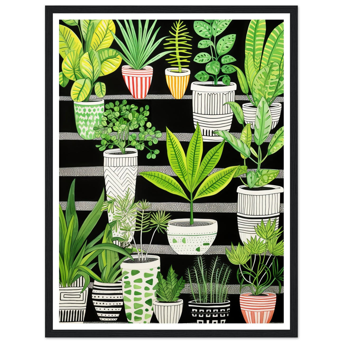 Whimsical Green & Black Potted Plants Wall Art Print