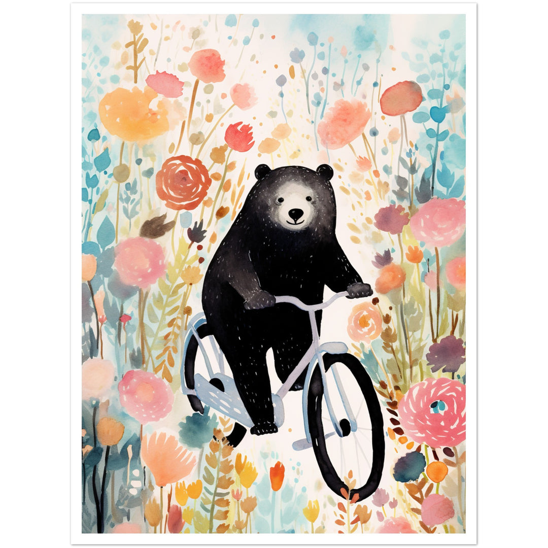 Folklore-Inspired Bear on Bike Floral Wall Art Print