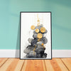 Black clouds and gold circles art print in a black wood frame, 60x90 cm