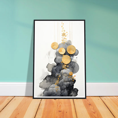 Black clouds and gold circles art print in a black wood frame, 60x90 cm