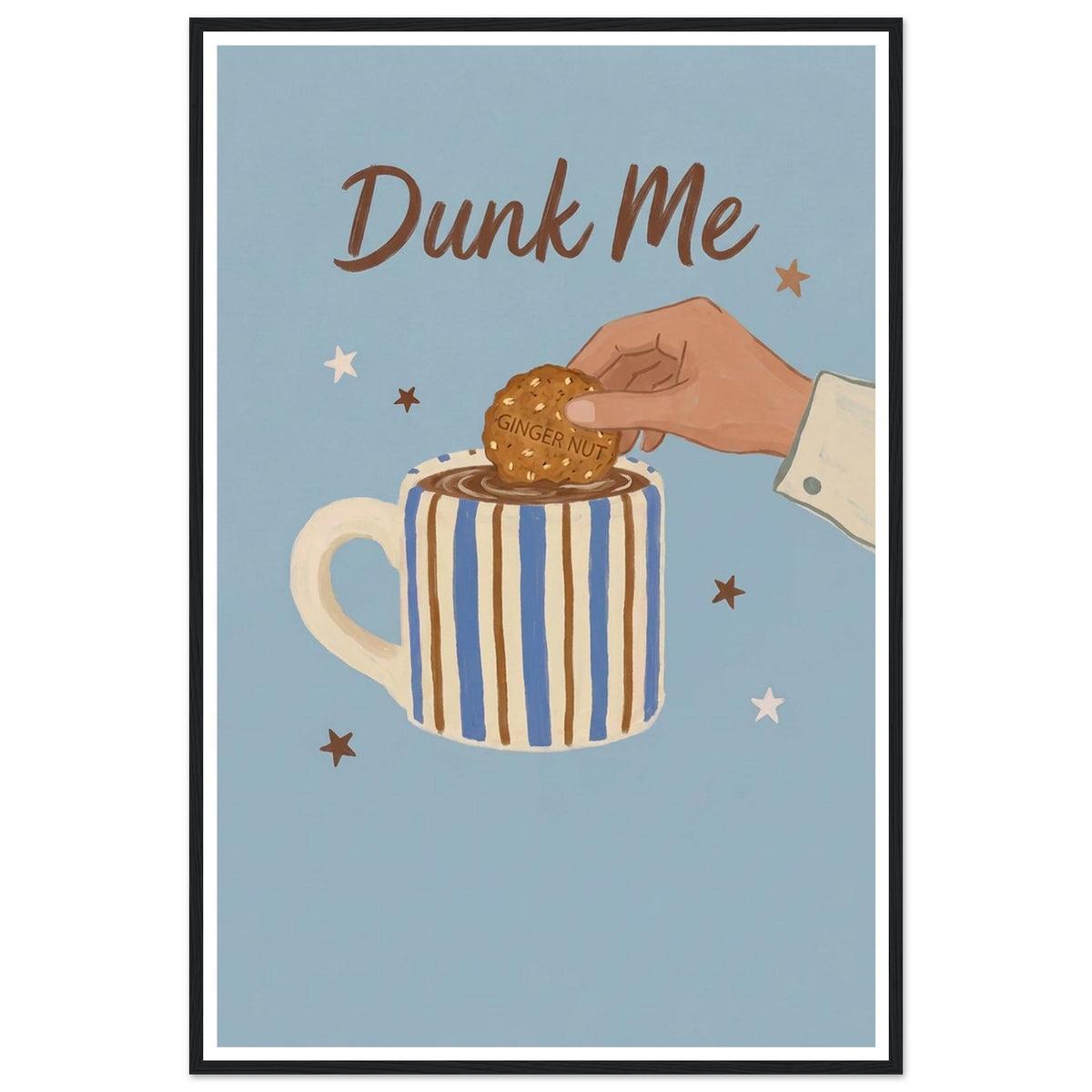 Biscuit dunking into a striped mug art print in a black wood frame, 60x90 cm