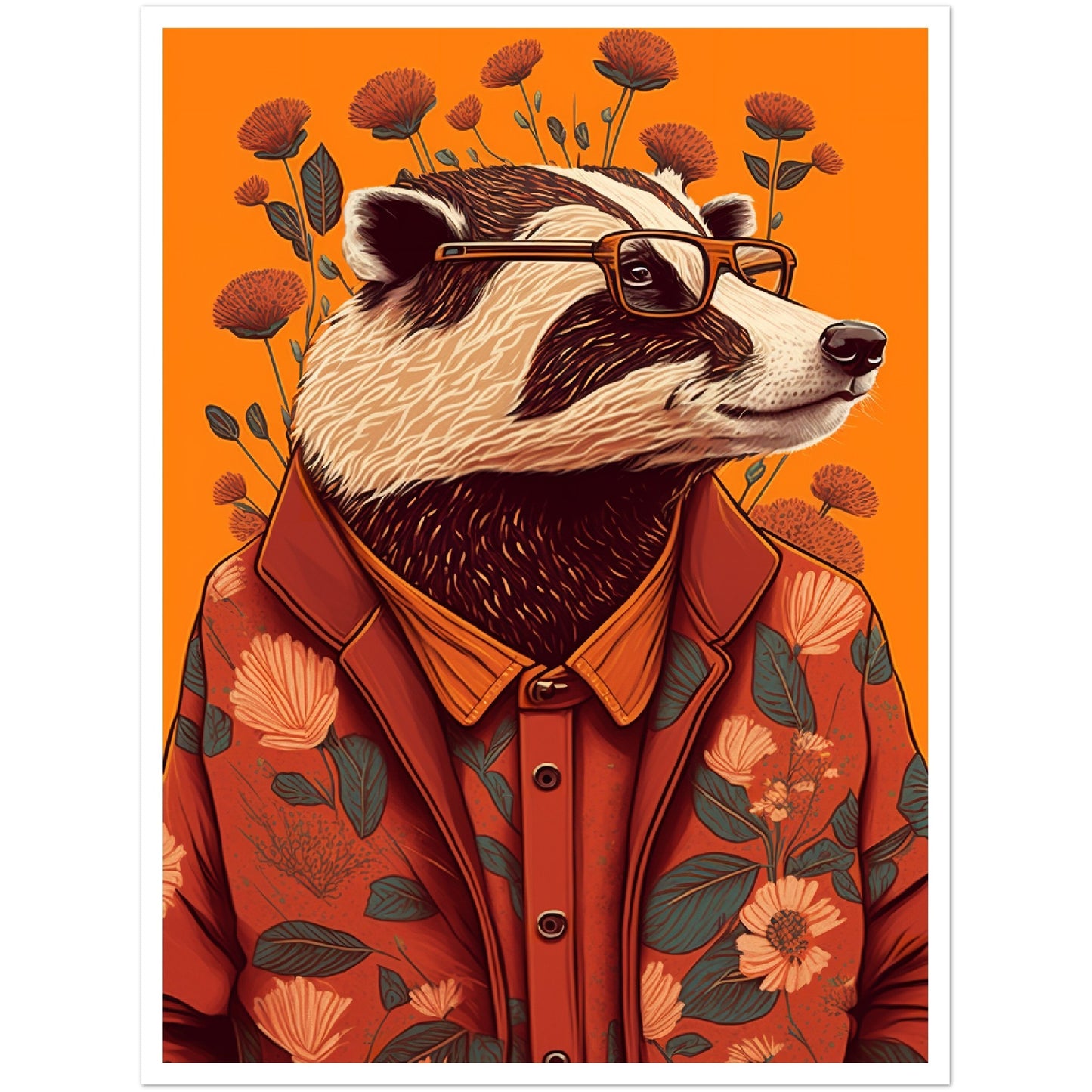 Charming Floral Badger Animal Portraiture Wall Art Print