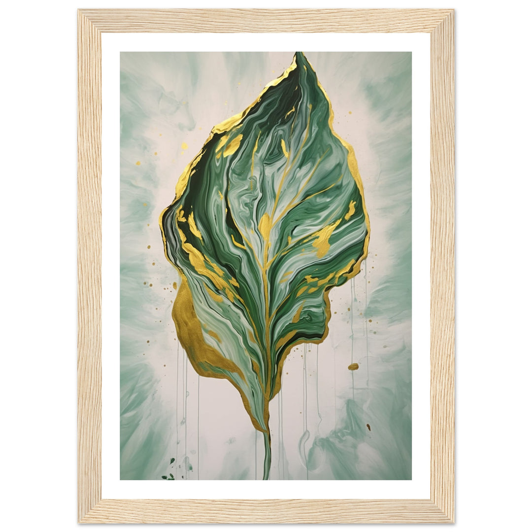 Fluid Melting Fiddle Leaf in Green and Gold Abstract Wall Art Print