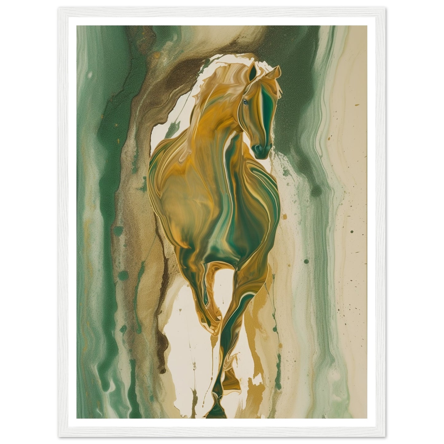 Golden Gallop - Fluid Green and Gold Horse Wall Art Print