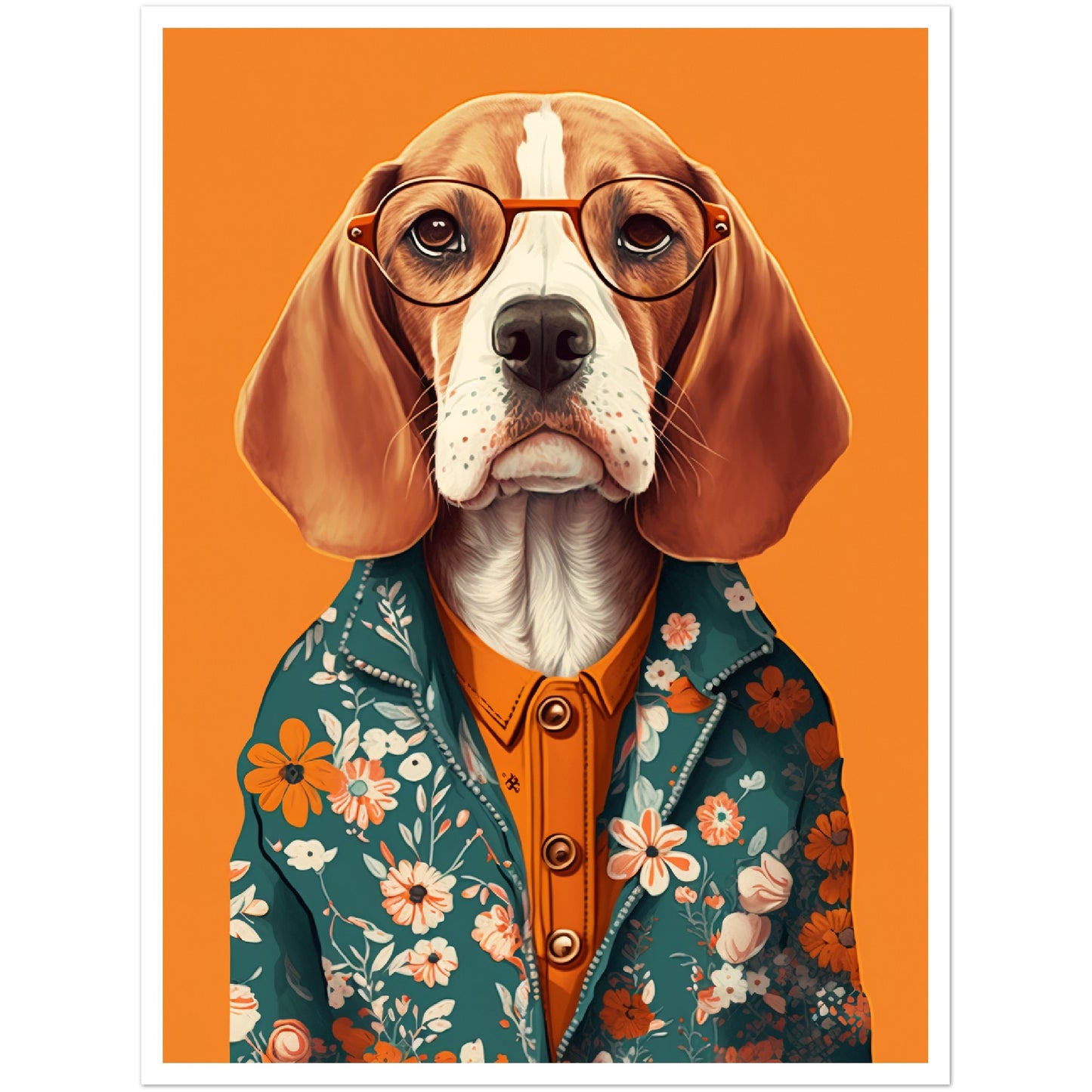 Fashionable Floral Beagle Dog Illustration Wall Art Print