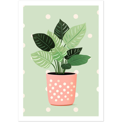 Playful Green House Plant in Pink Polka Dot Vase Wall Art Print