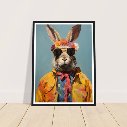 Whimsical Hippy Rabbit Flower Power Wall Art Print