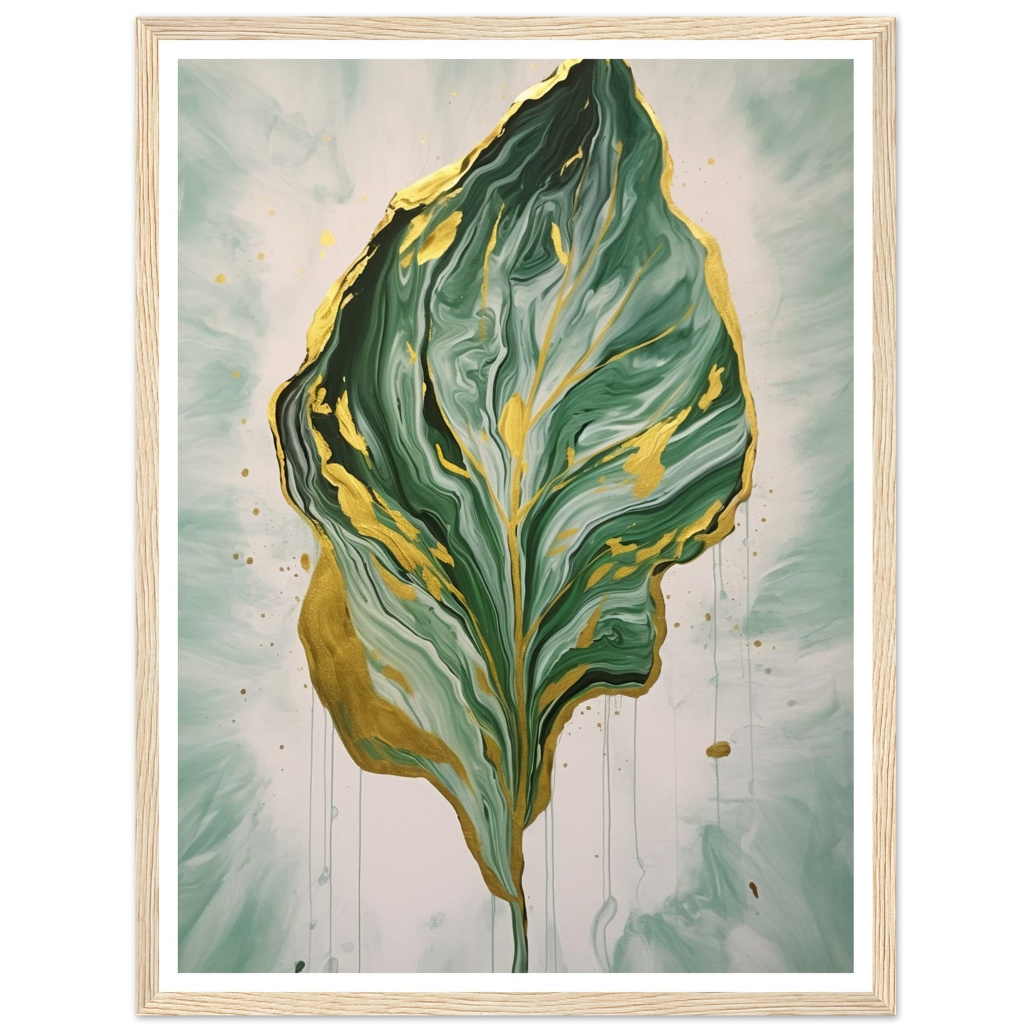 Fluid Melting Fiddle Leaf in Green and Gold Abstract Wall Art Print