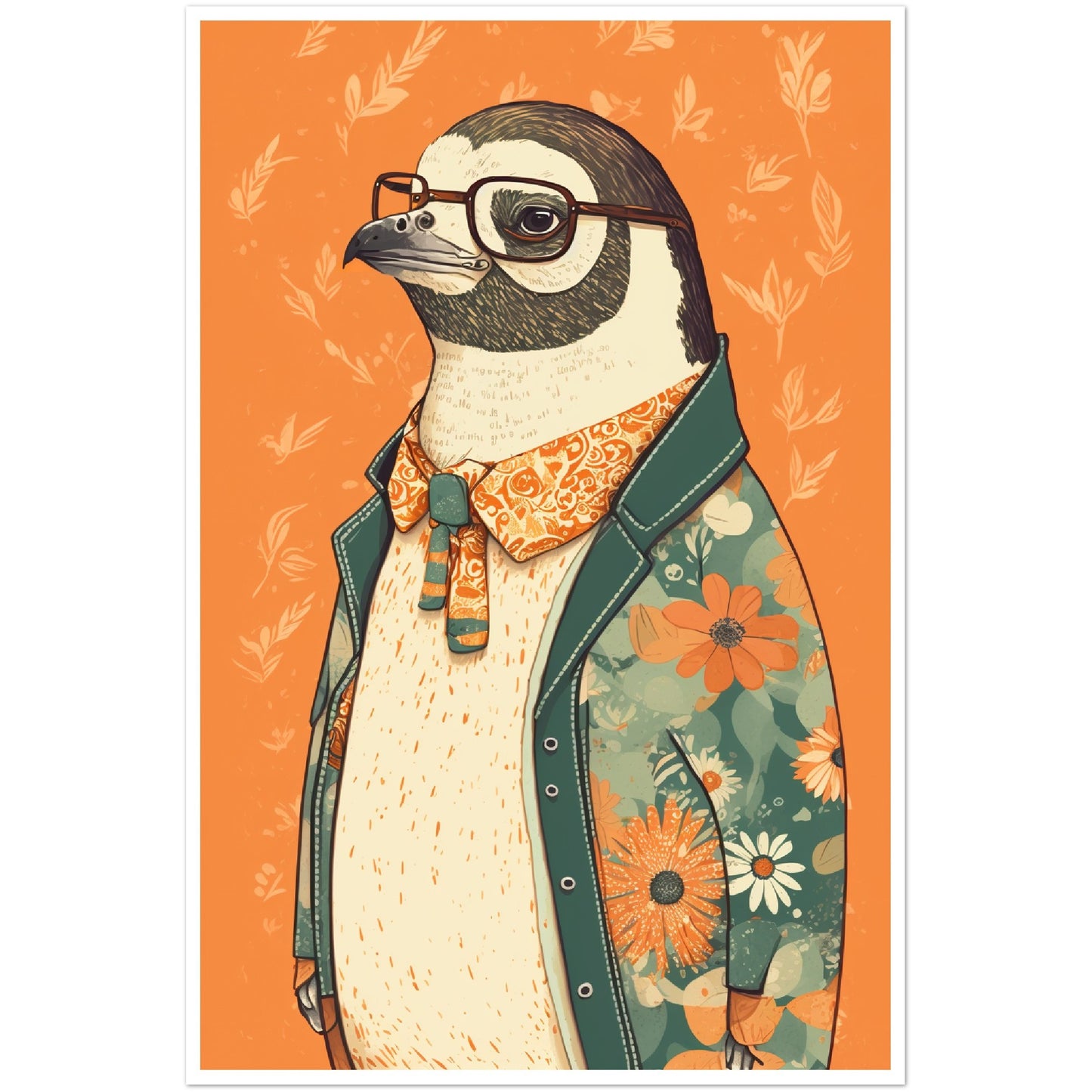 Penguin Chic Floral Jacket Illustration Wall Art Print