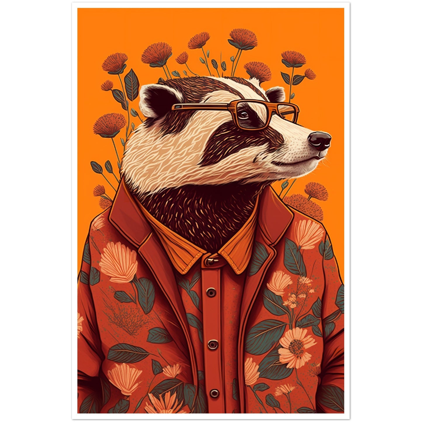 Charming Floral Badger Animal Portraiture Wall Art Print