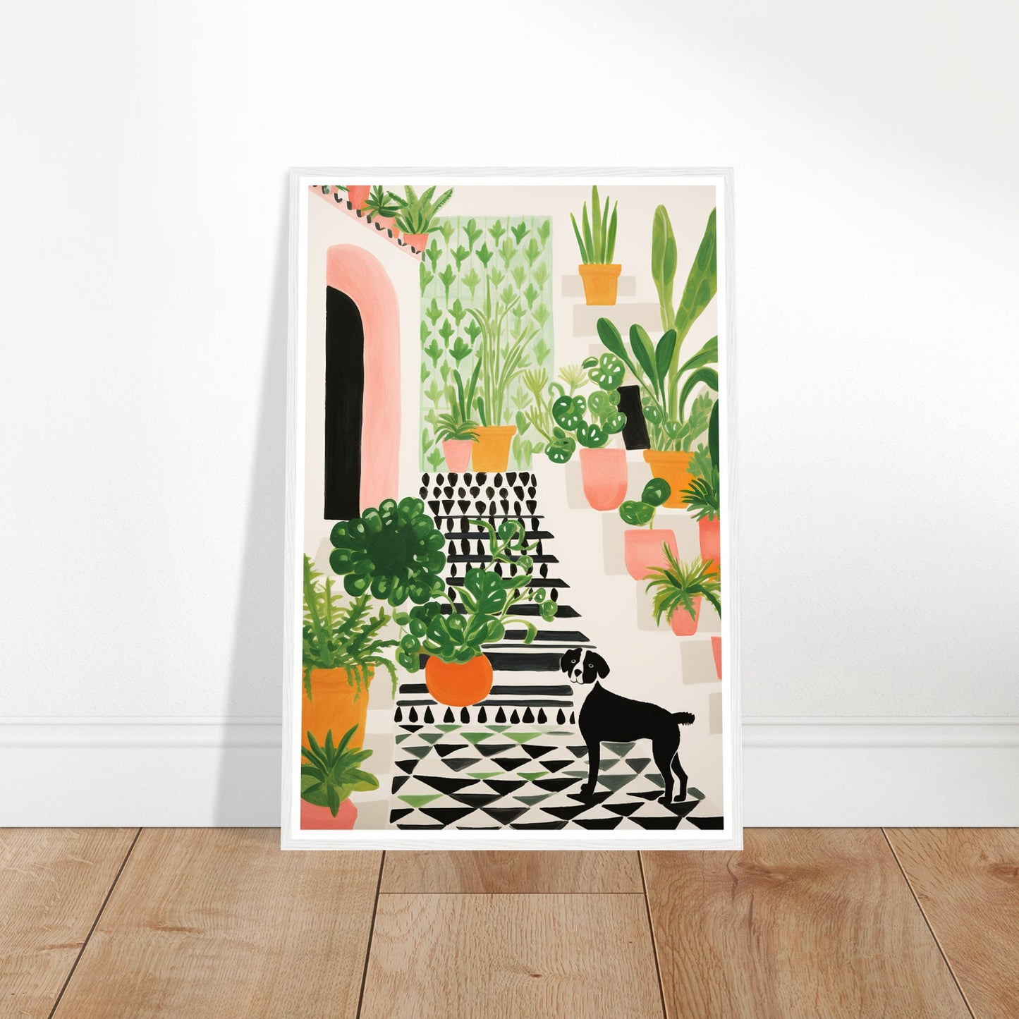 Whimsical Plants & Dog on Spanish Villa Stairs Wall Art Print