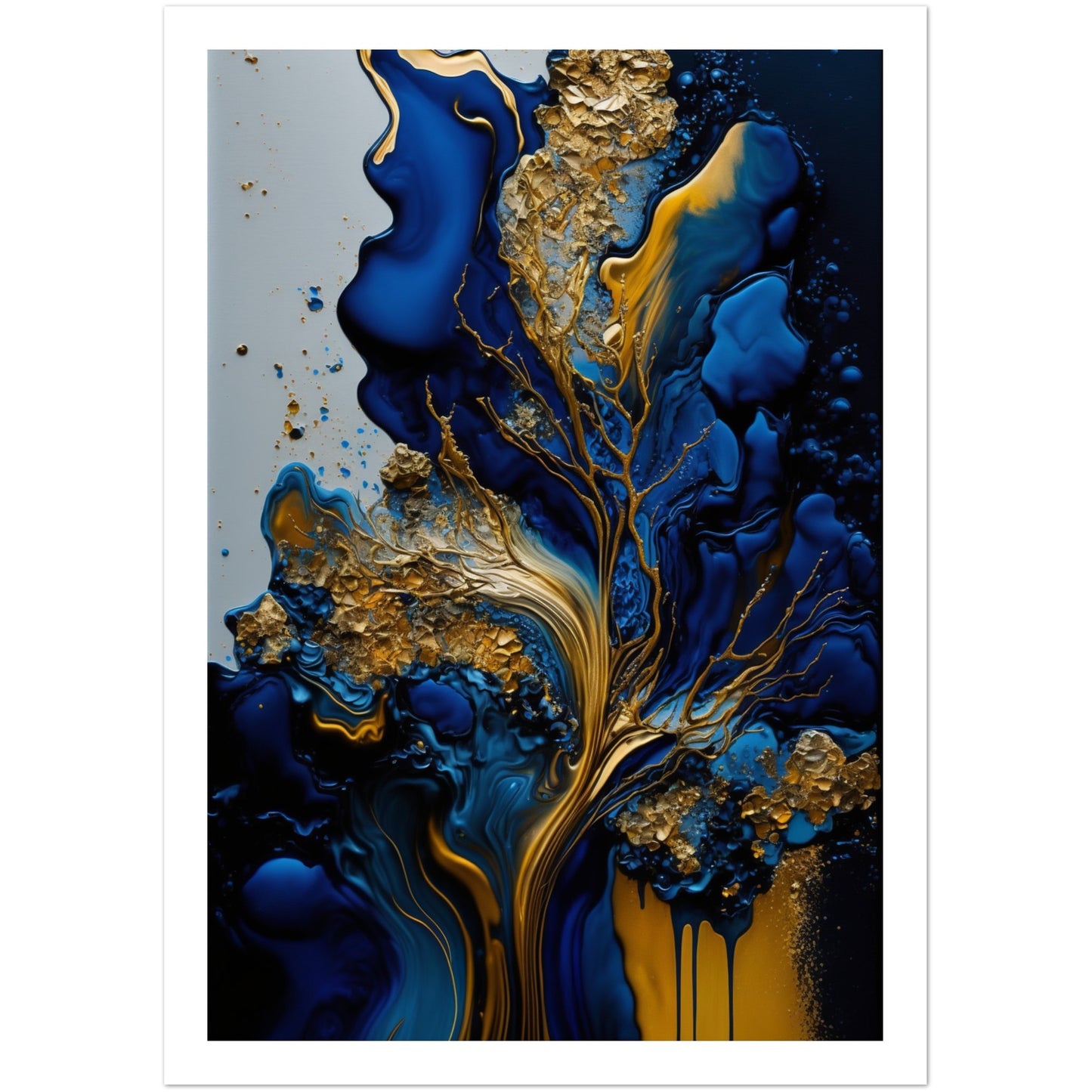 Golden Blue Waves Abstract Wall Art Print