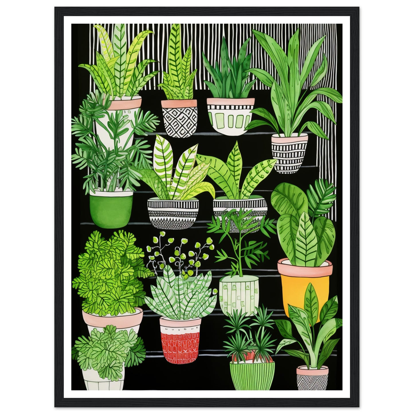 Whimsical Dark Staircase with Potted House Plants Wall Art Print