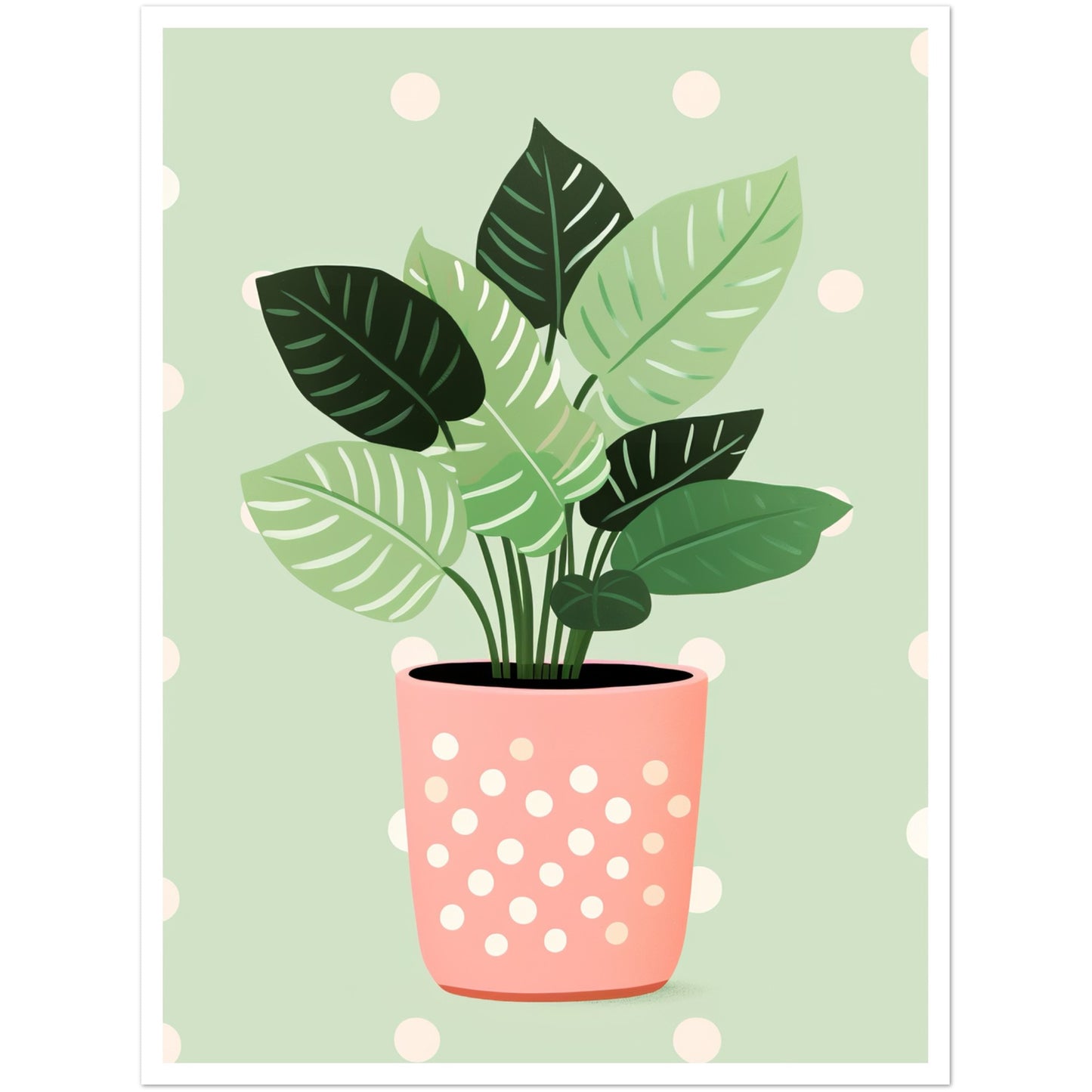 Playful Green House Plant in Pink Polka Dot Vase Wall Art Print