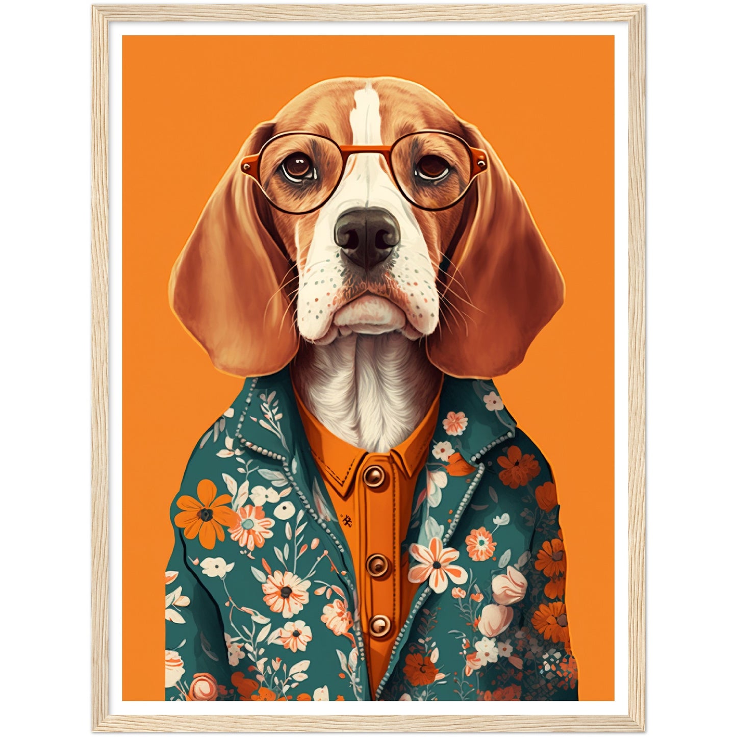 Fashionable Floral Beagle Dog Illustration Wall Art Print