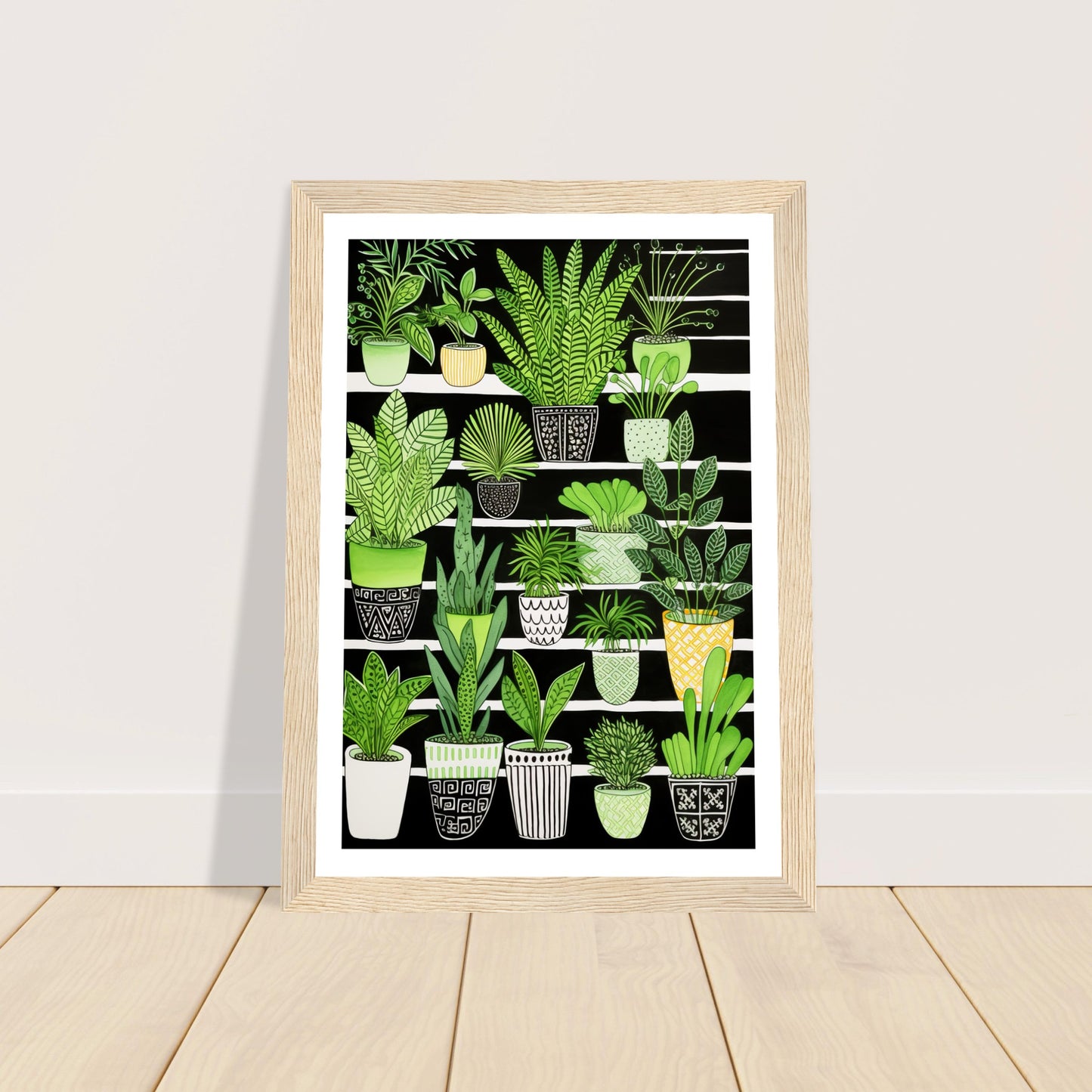 Vibrant Green House Plants in Monochrome Pots Wall Art Print