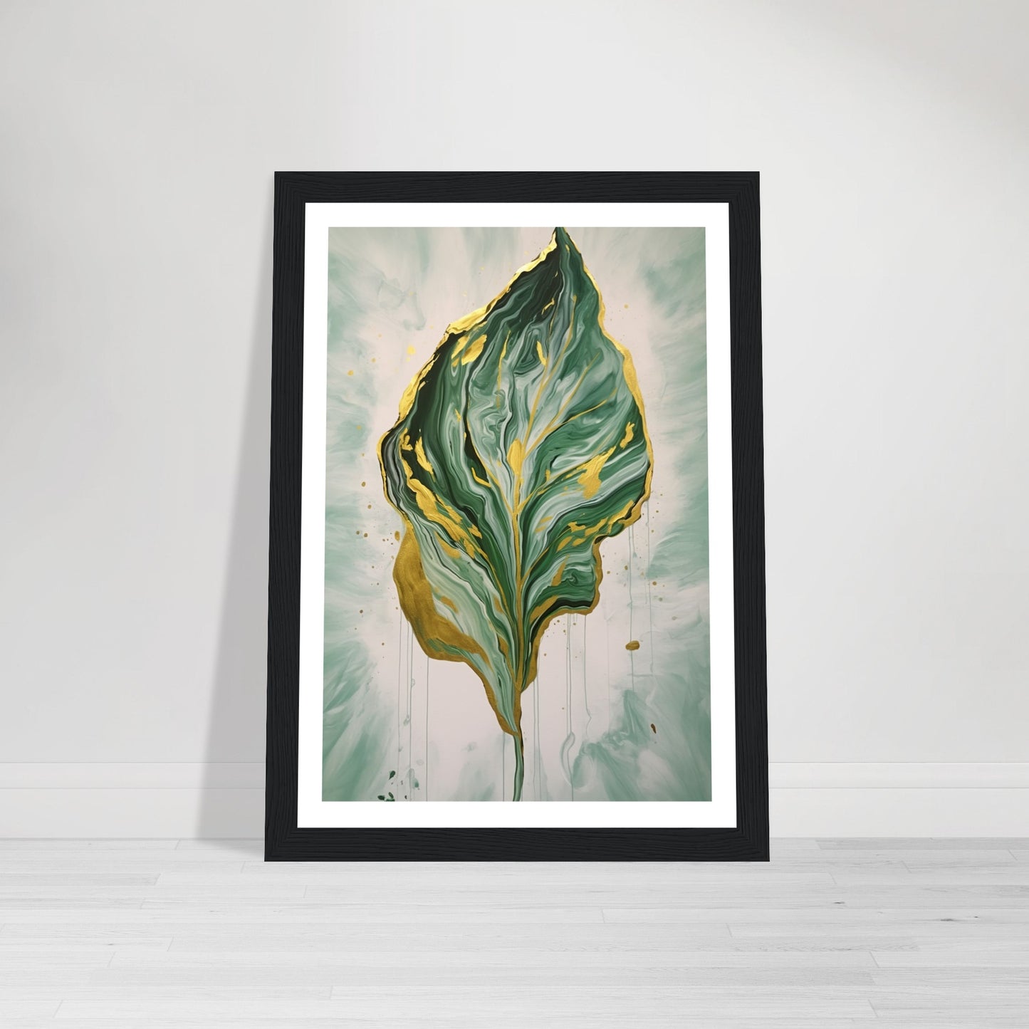 Fluid Melting Fiddle Leaf in Green and Gold Abstract Wall Art Print