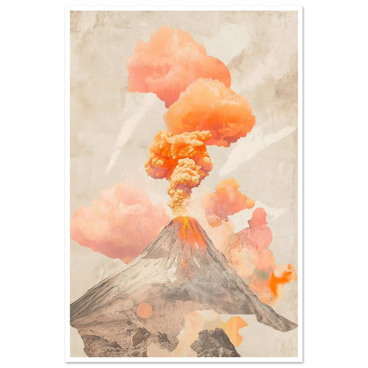 Volcano with orange smoke art print, unframed, 60x90 cm
