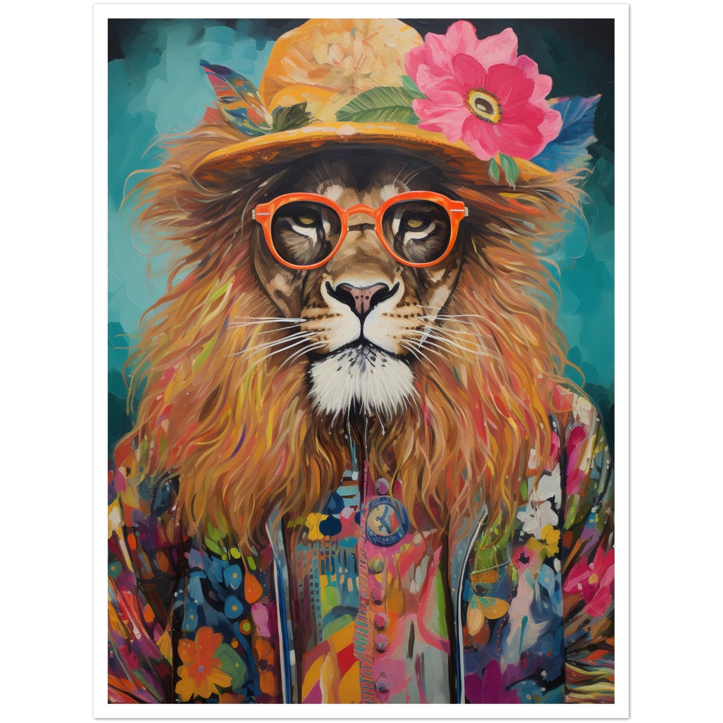 Flower Power Hippy Lion Wall Art Print