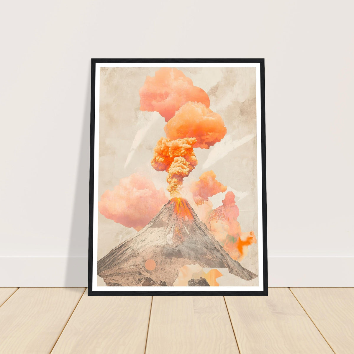 Volcano with orange smoke art print in a black wood frame, 45x60 cm