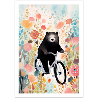 Folklore-Inspired Bear on Bike Floral Wall Art Print