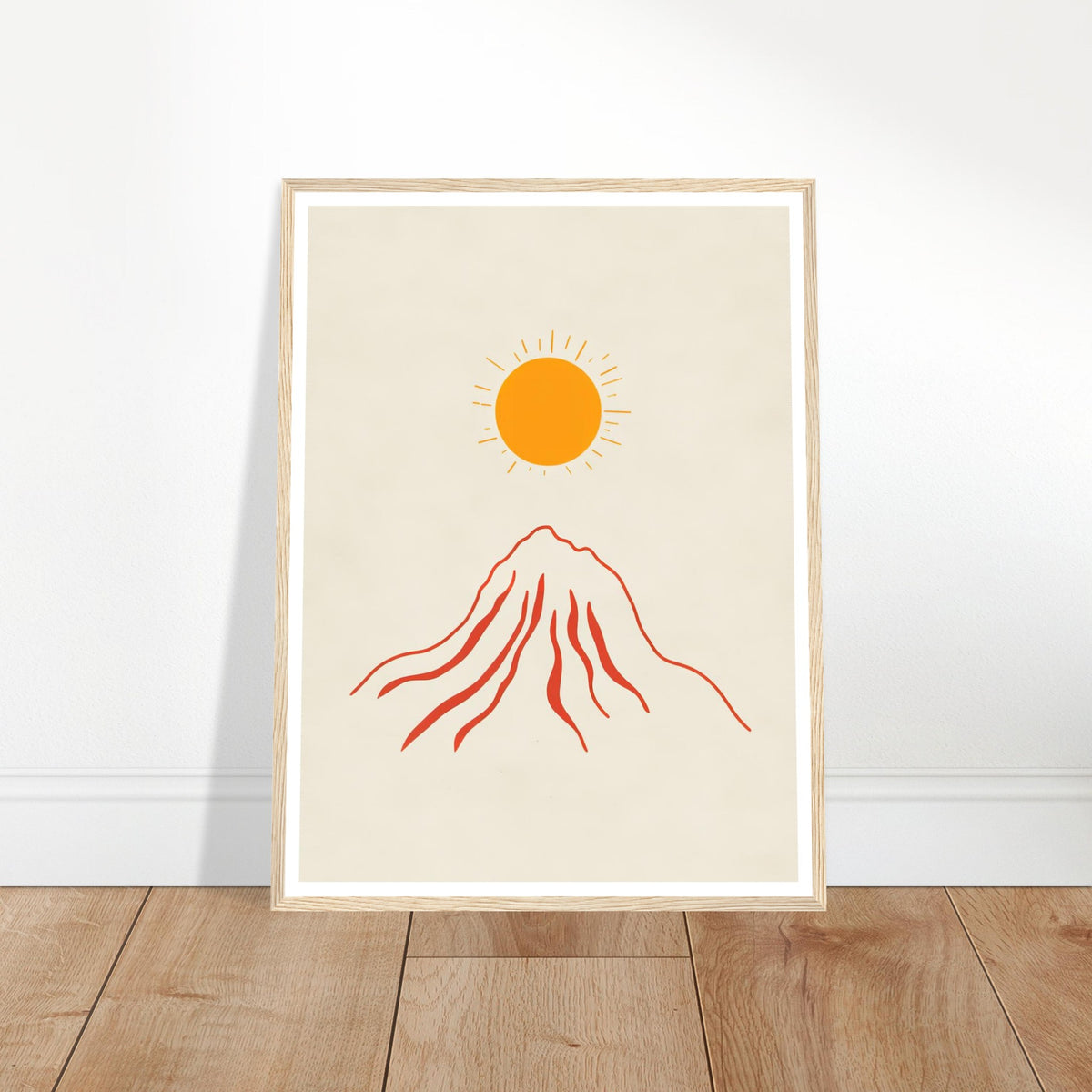 Orange sun over red mountain art print in a light wood frame, 45x60 cm