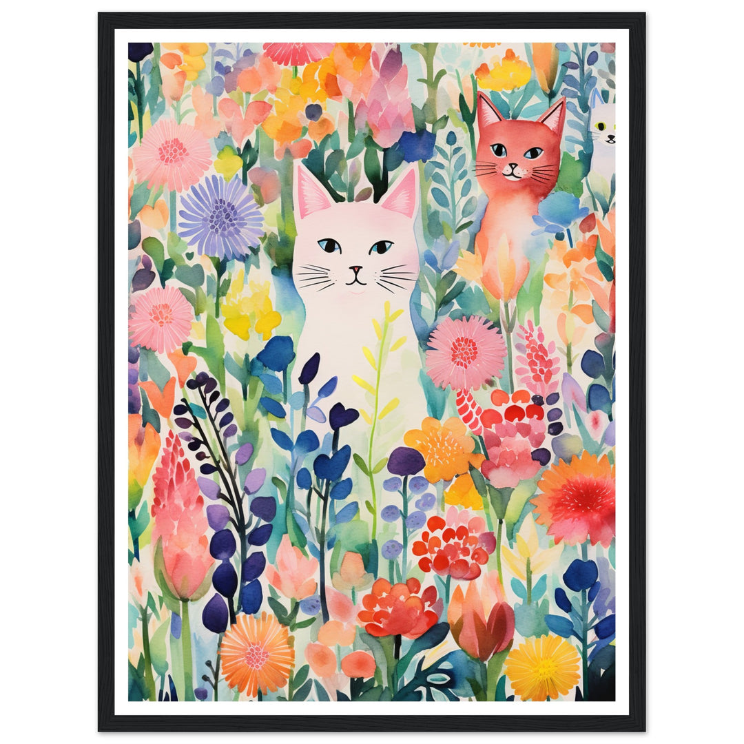 Whimsical Flower Garden Cats Wall Art Print