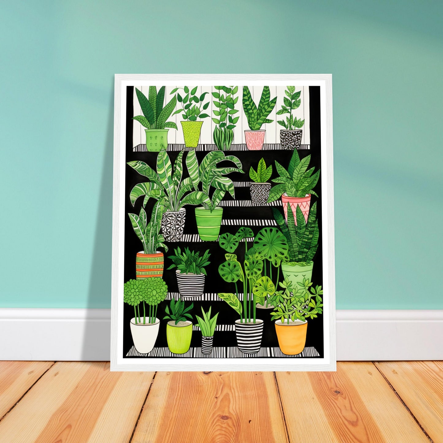 Folklore-Inspired Staircase and Potted Plants Wall Art Print