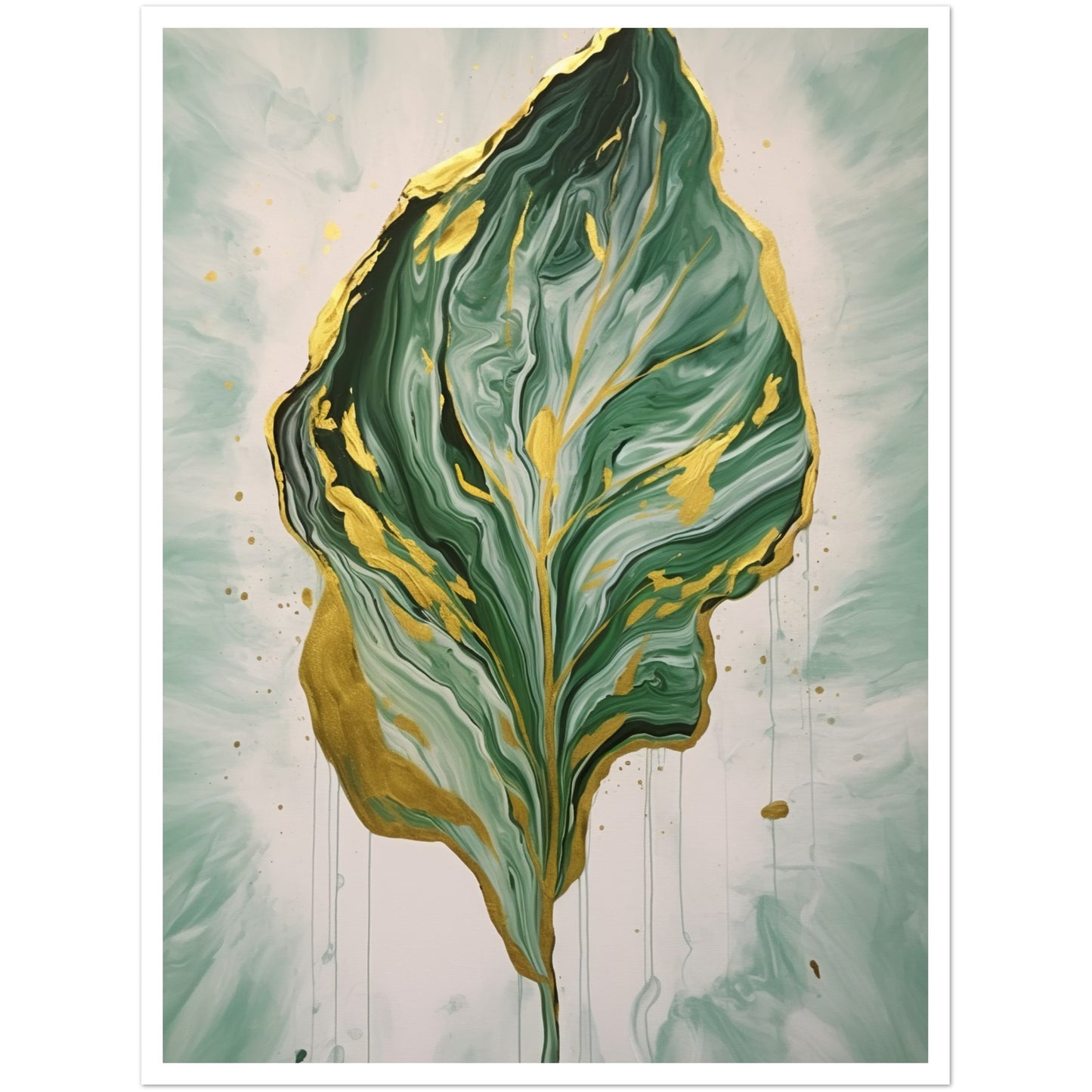 Fluid Melting Fiddle Leaf in Green and Gold Abstract Wall Art Print