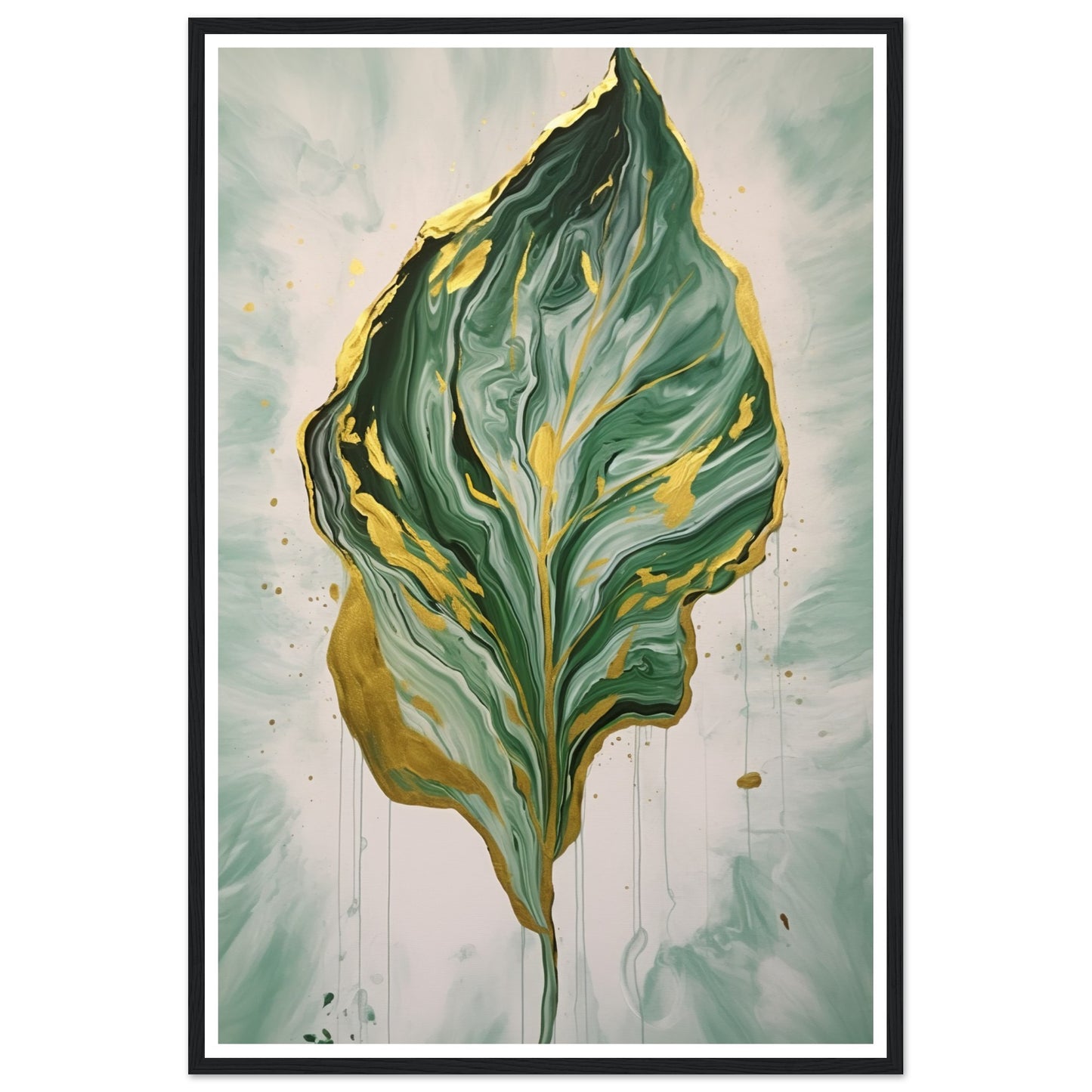 Fluid Melting Fiddle Leaf in Green and Gold Abstract Wall Art Print