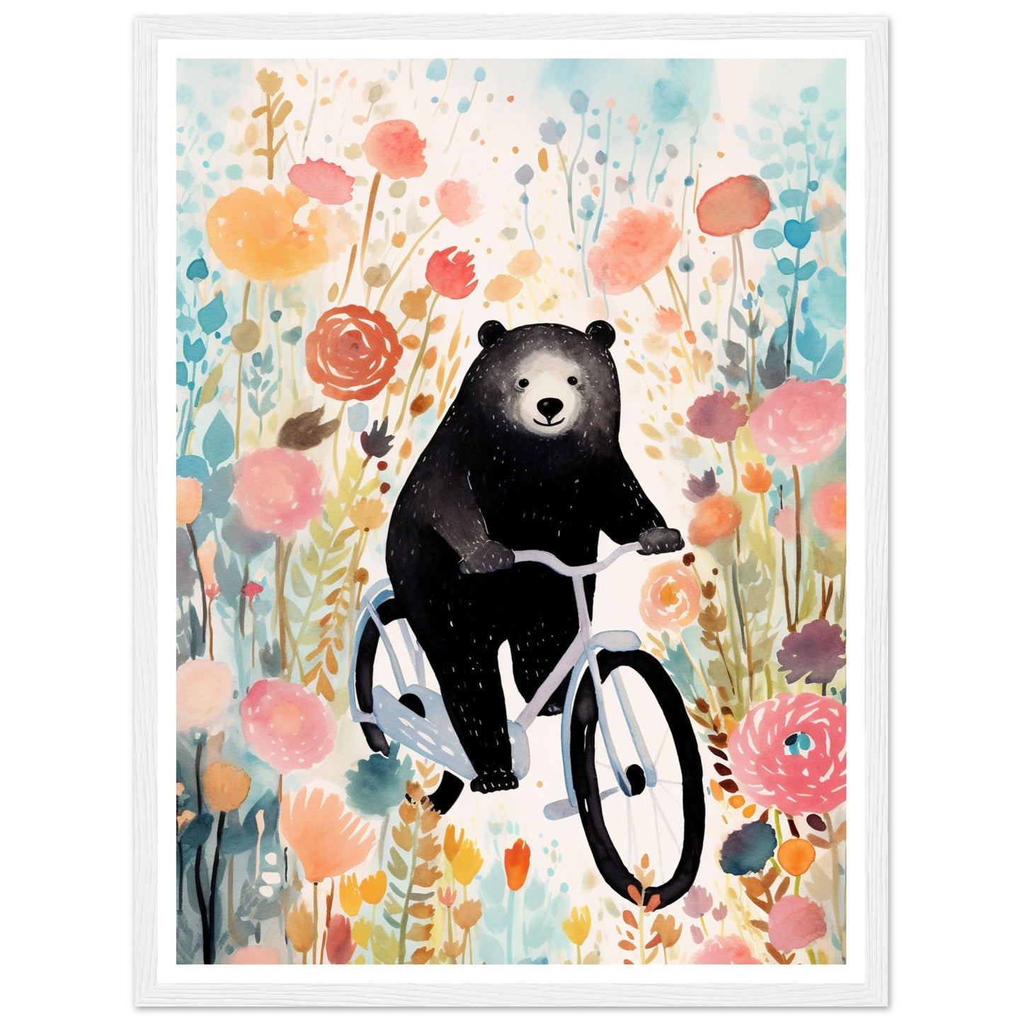 Folklore-Inspired Bear on Bike Floral Wall Art Print