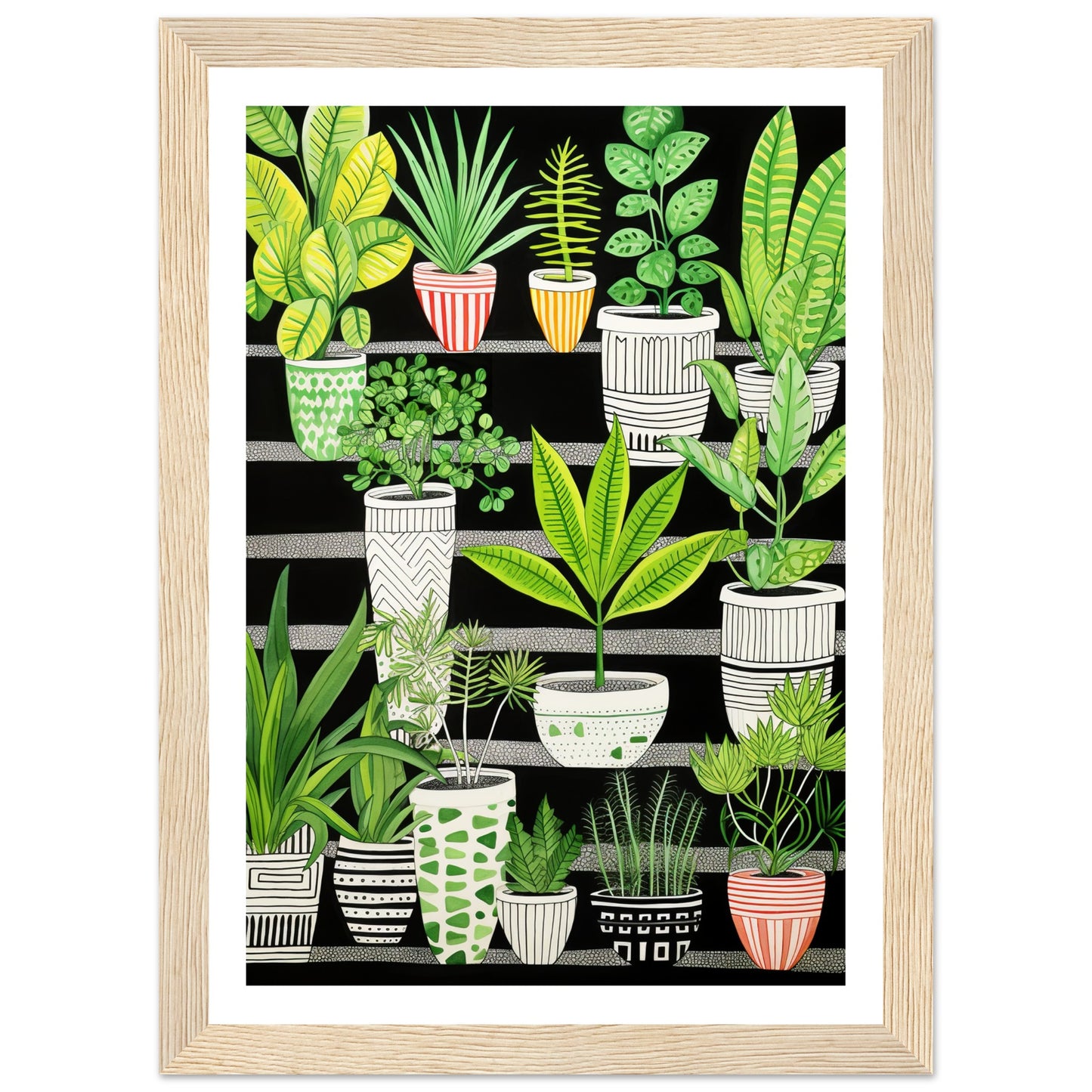 Whimsical Green & Black Potted Plants Wall Art Print