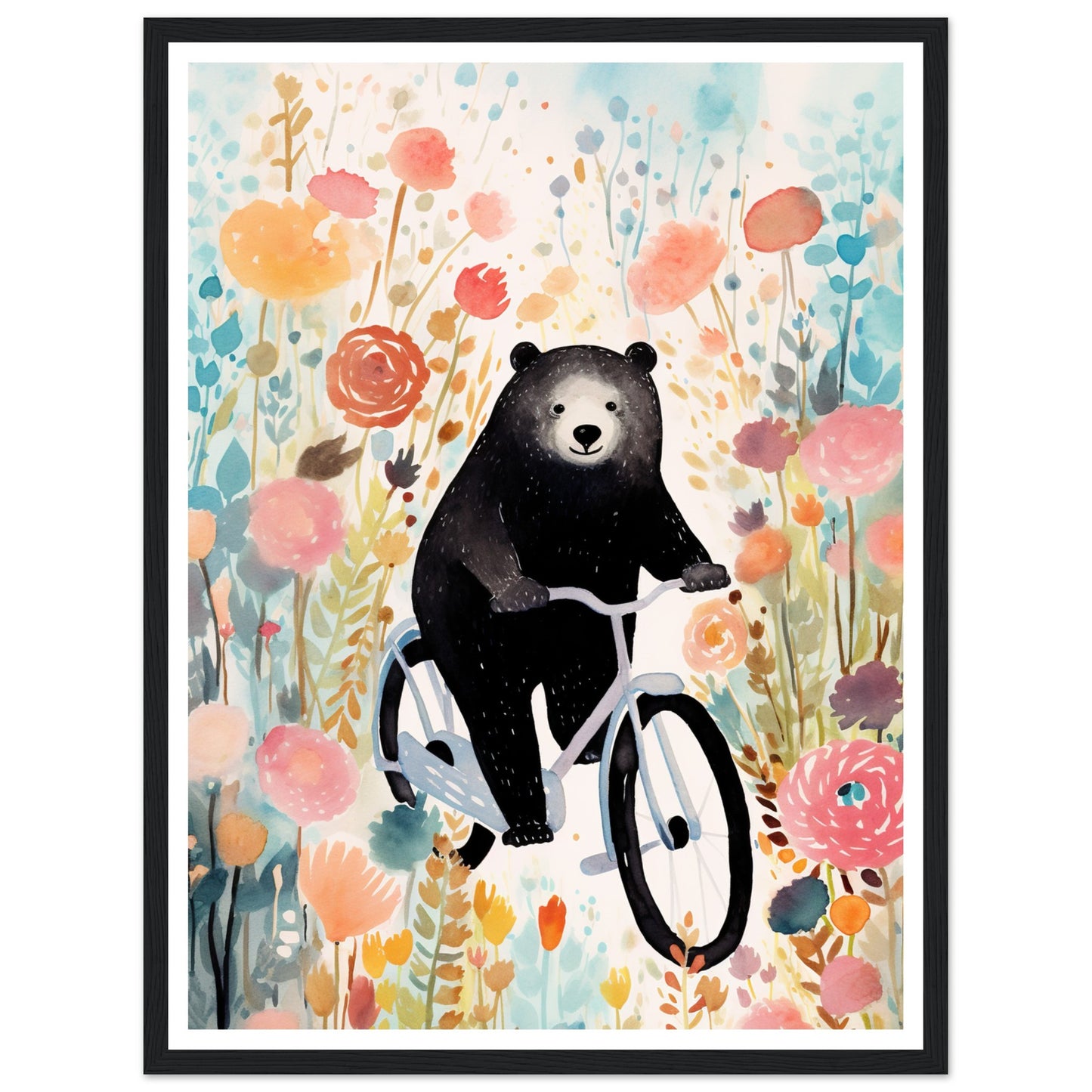 Folklore-Inspired Bear on Bike Floral Wall Art Print