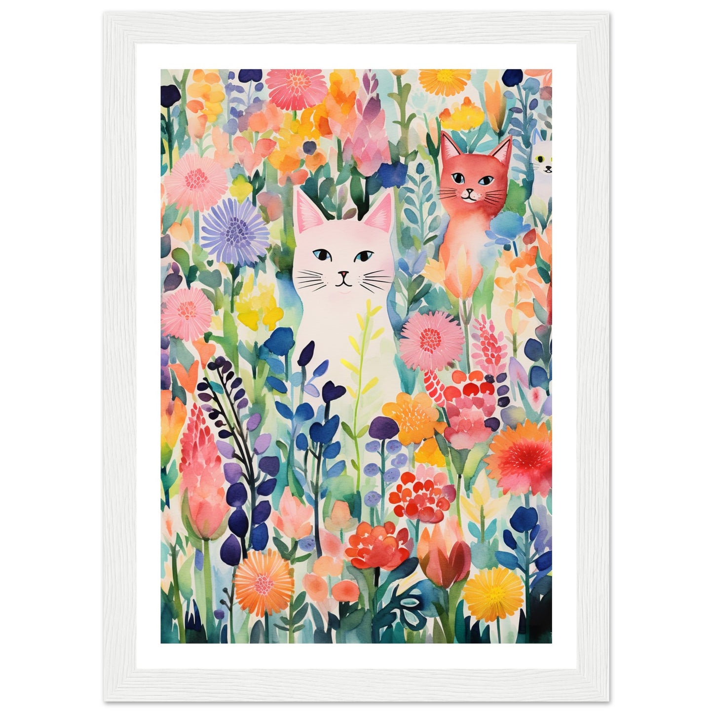 Whimsical Flower Garden Cats Wall Art Print