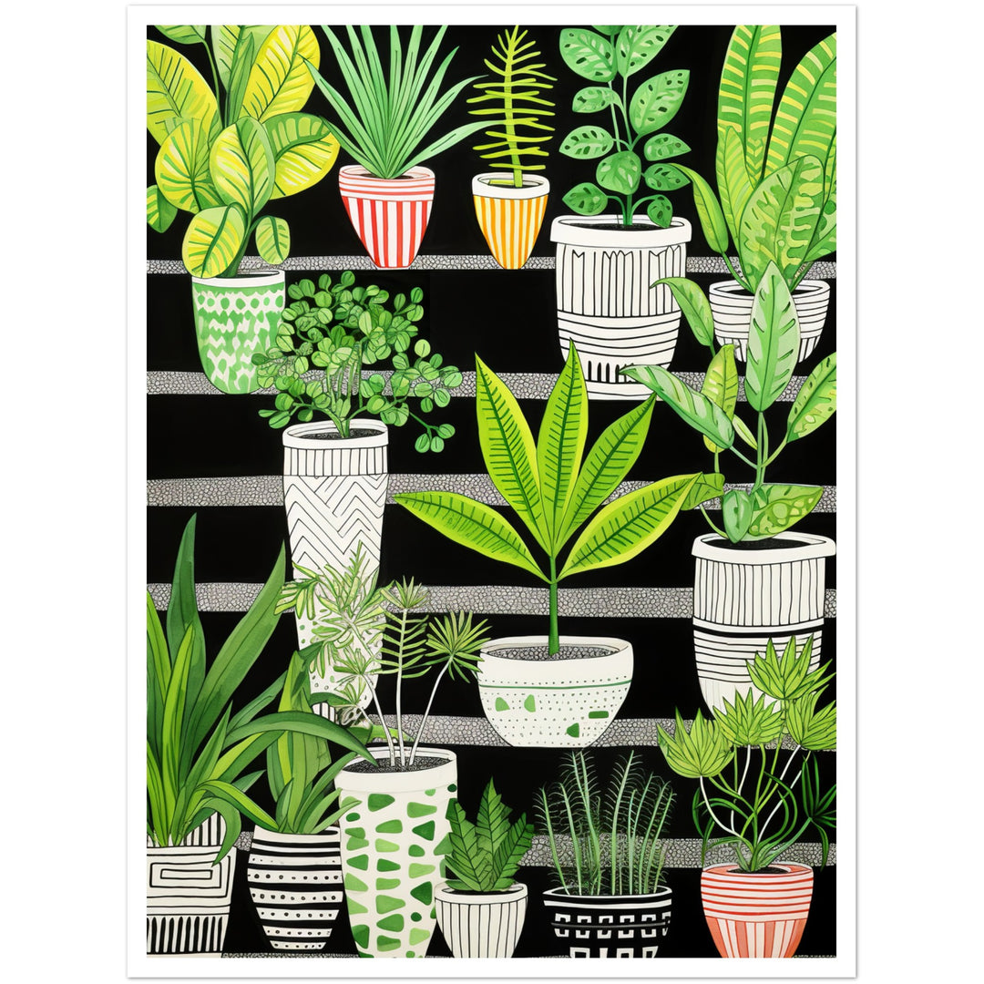 Whimsical Green & Black Potted Plants Wall Art Print