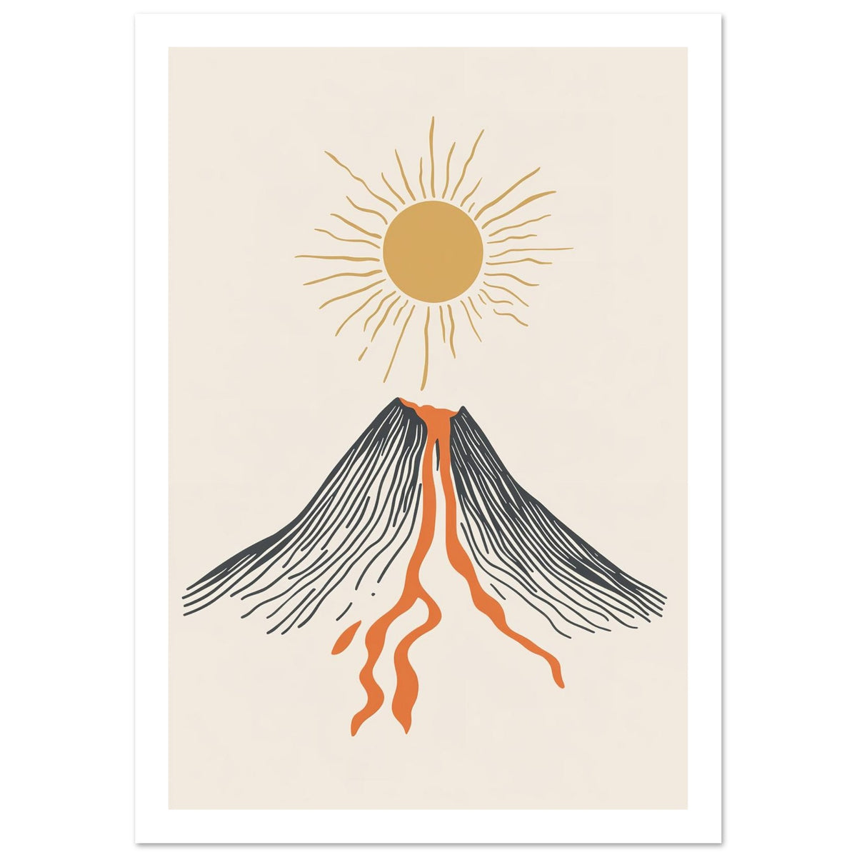 Stylised volcano with orange lava art print, unframed, A4
