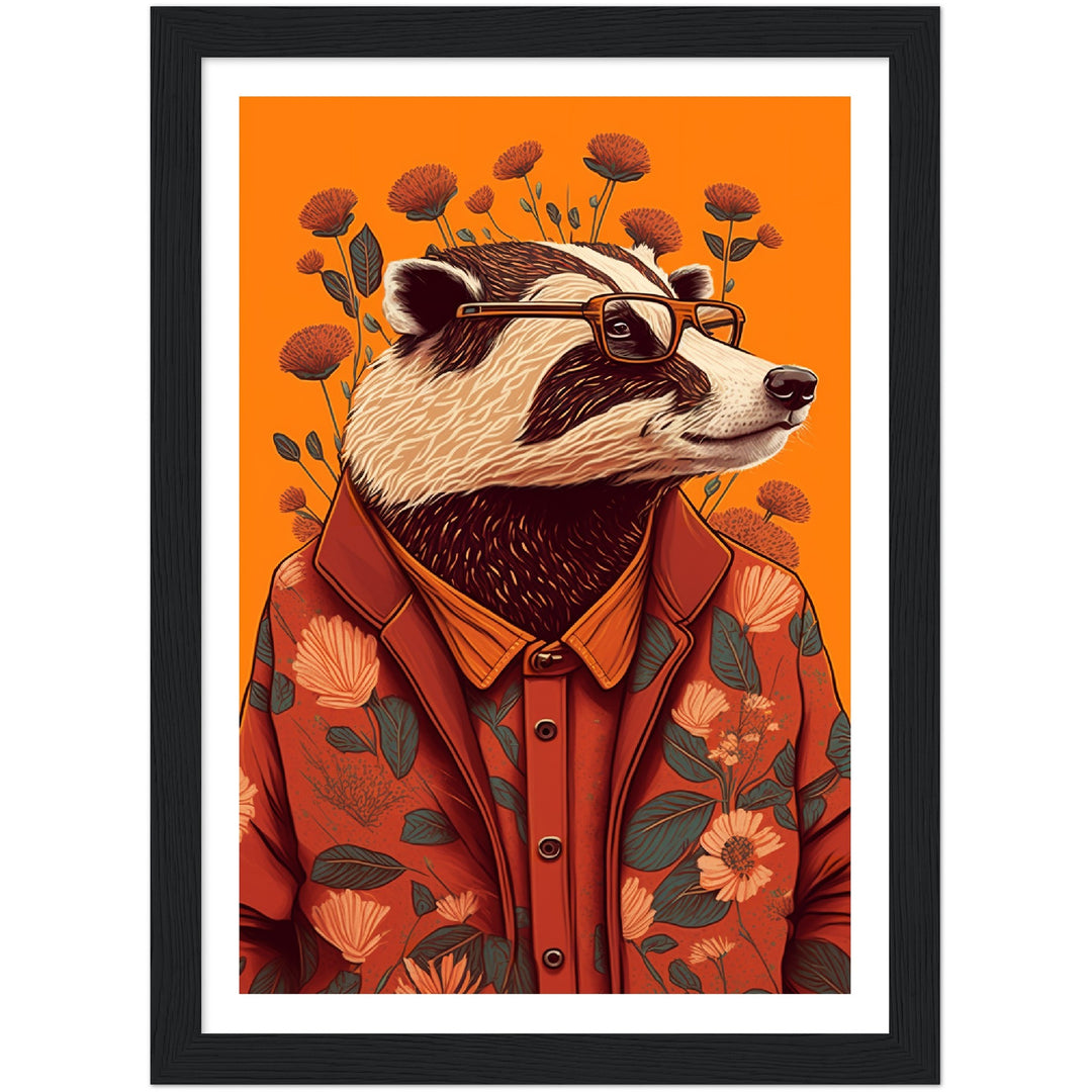 Charming Floral Badger Animal Portraiture Wall Art Print