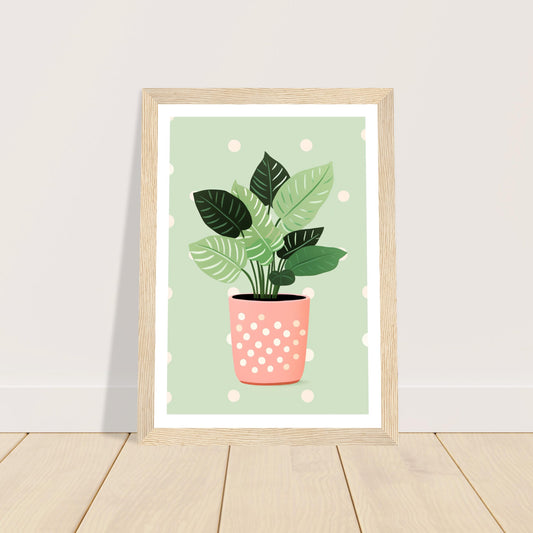 Playful Green House Plant in Pink Polka Dot Vase Wall Art Print