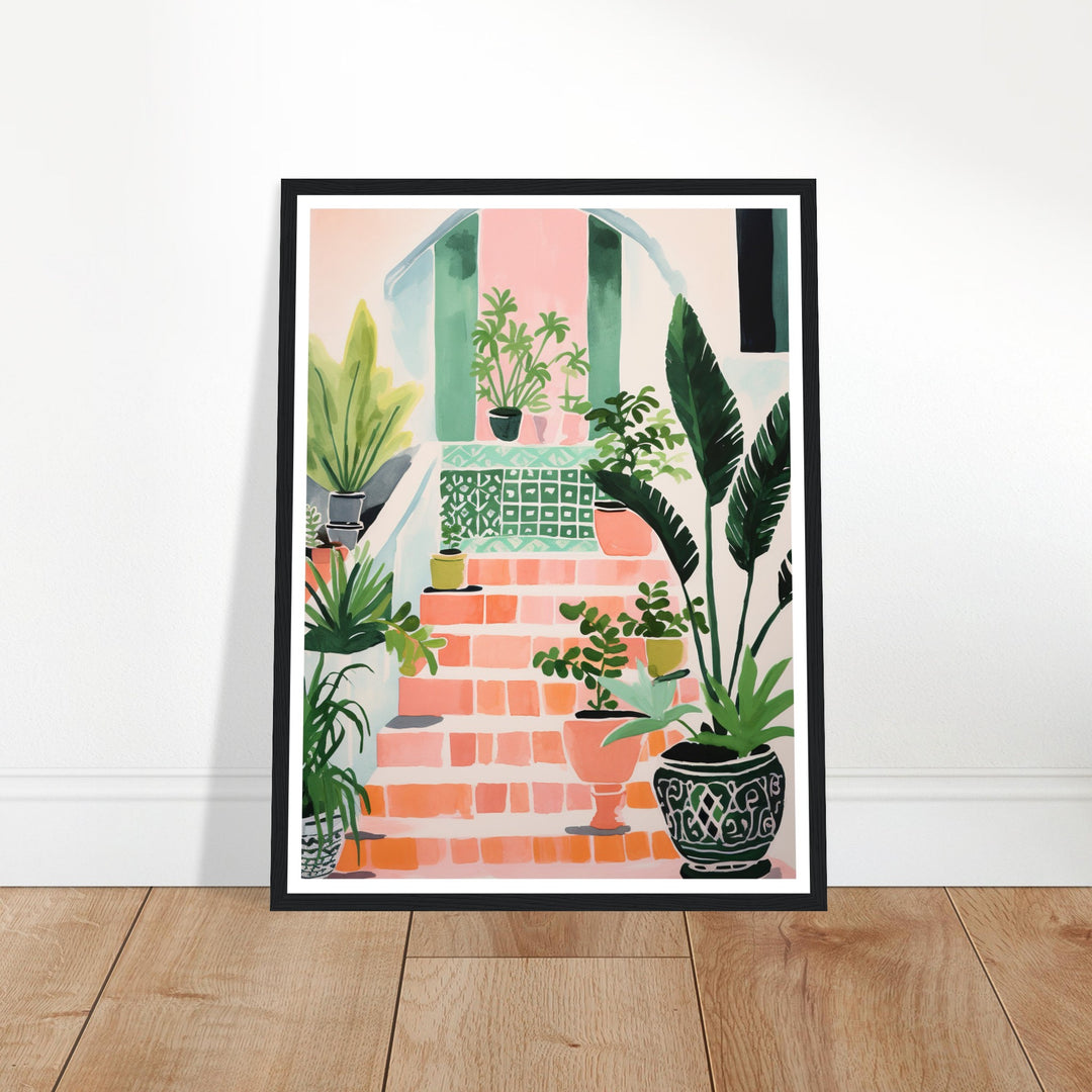 Mediterranean Stairs and Vibrant Potted Plants Wall Art Print