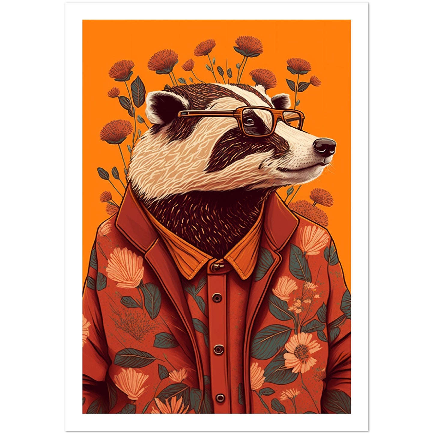 Charming Floral Badger Animal Portraiture Wall Art Print