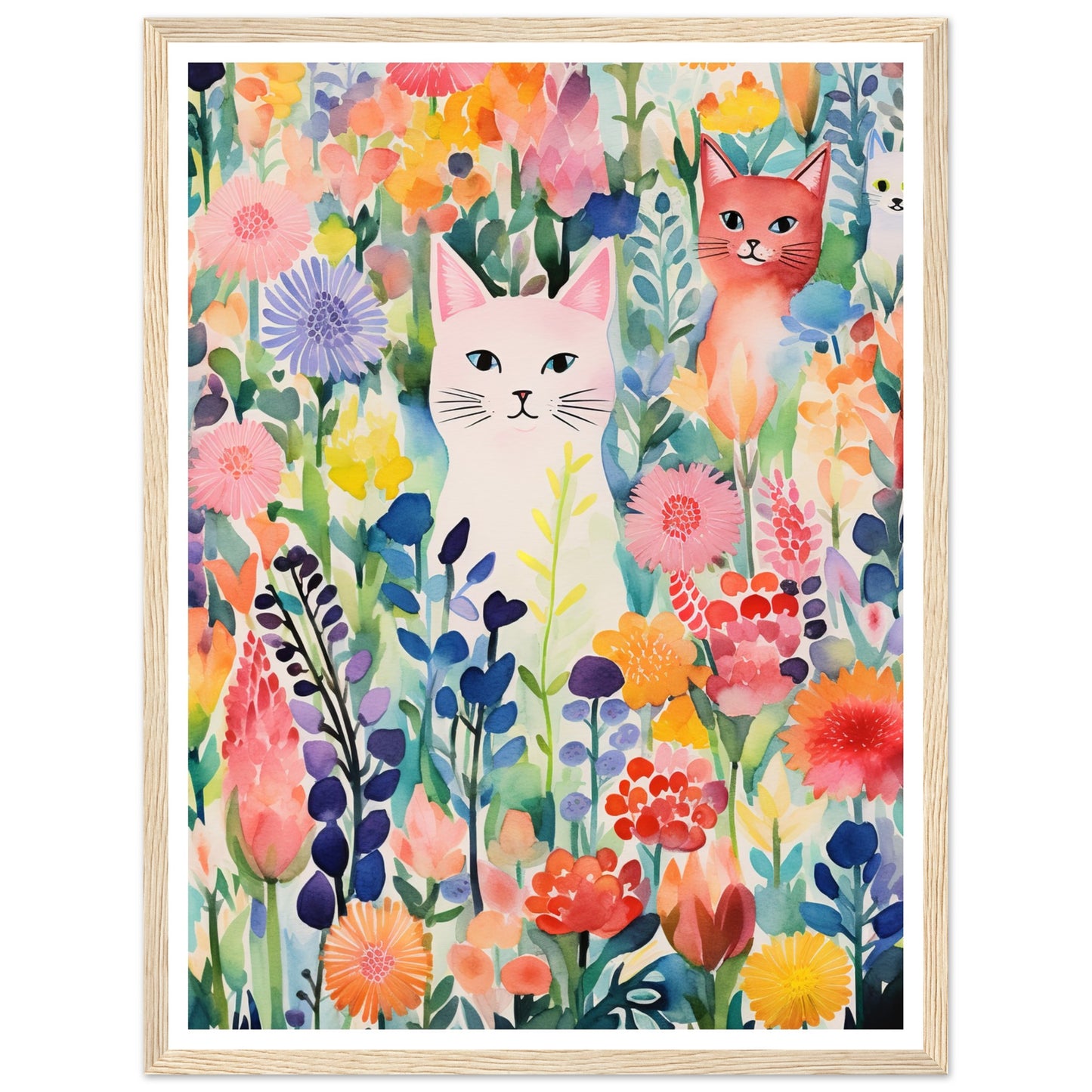 Whimsical Flower Garden Cats Wall Art Print