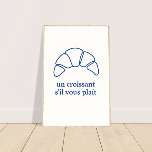 Croissant in minimalist line art art print in a light wood frame, 60x90 cm