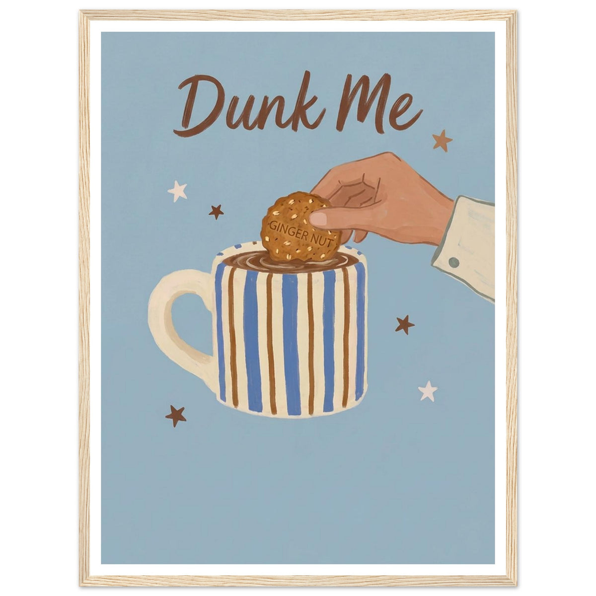 Biscuit dunking into a striped mug art print in a light wood frame, 45x60 cm