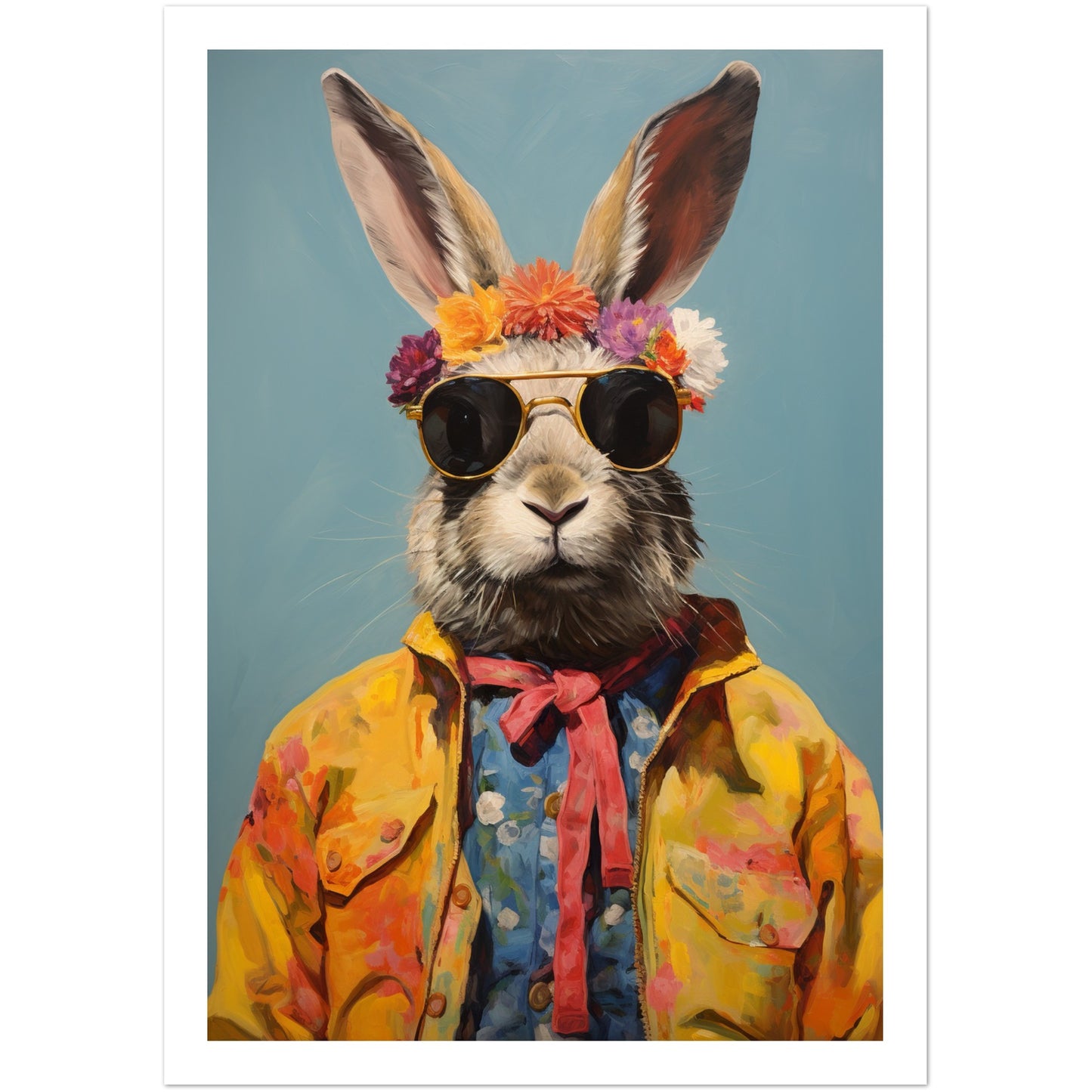 Whimsical Hippy Rabbit Flower Power Wall Art Print