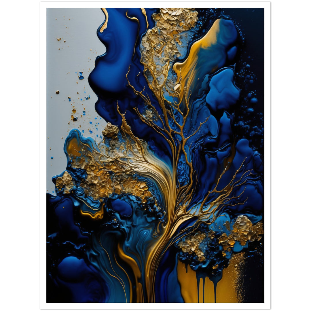 Golden Blue Waves Abstract Wall Art Print