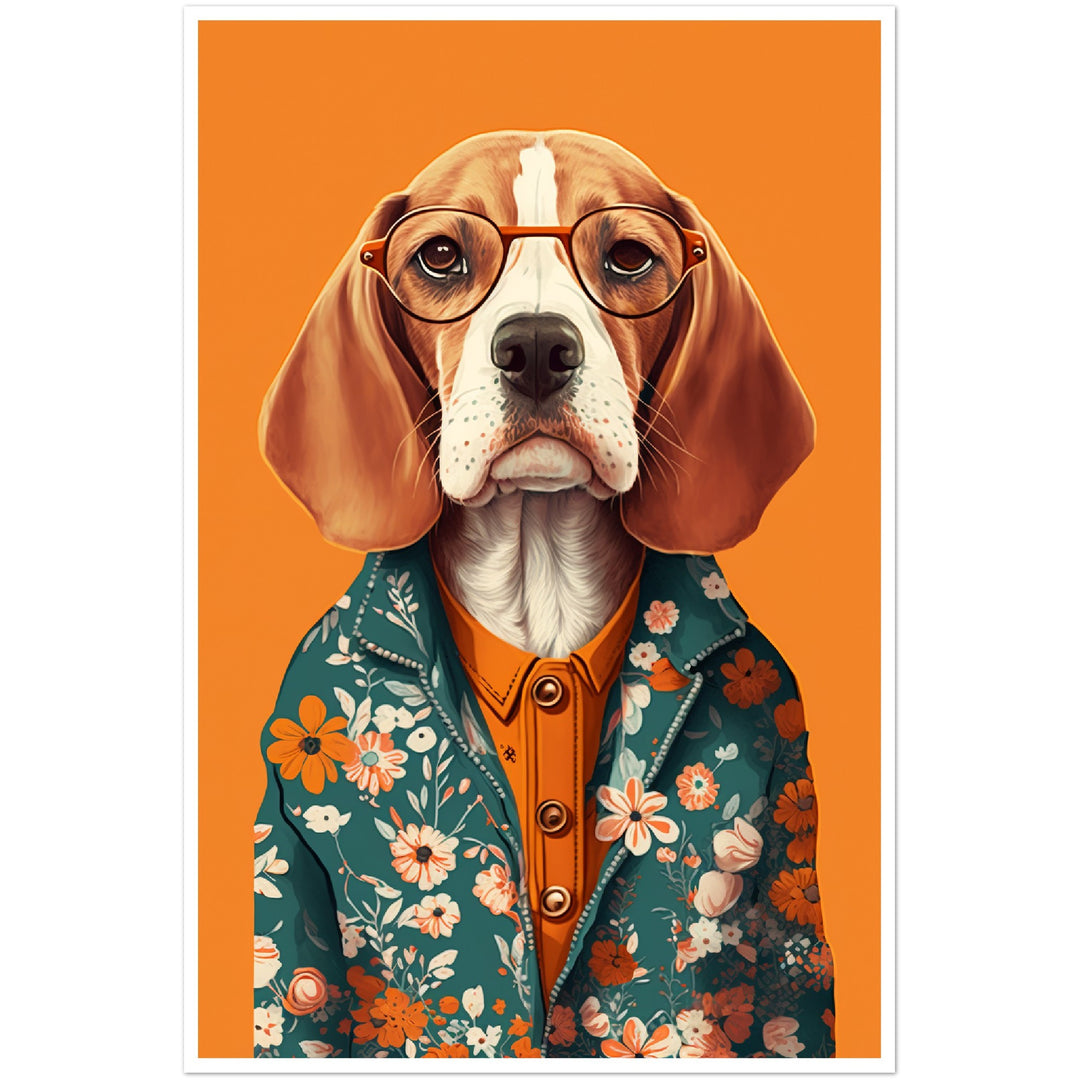 Fashionable Floral Beagle Dog Illustration Wall Art Print